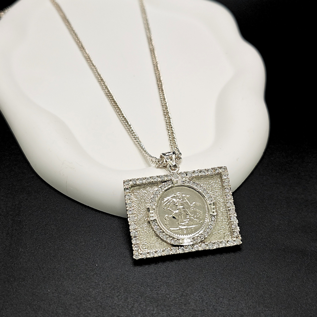 Silver Rhodium Plated Square Sovereign Pendant Necklace – 1911 St. George Coin with CZ Frame